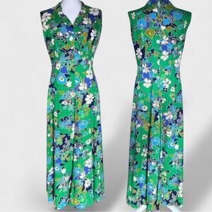 Vintage 60s Hookano Hawaii Floral Maxi Dress Green Blue Psychedelic Barkcloth